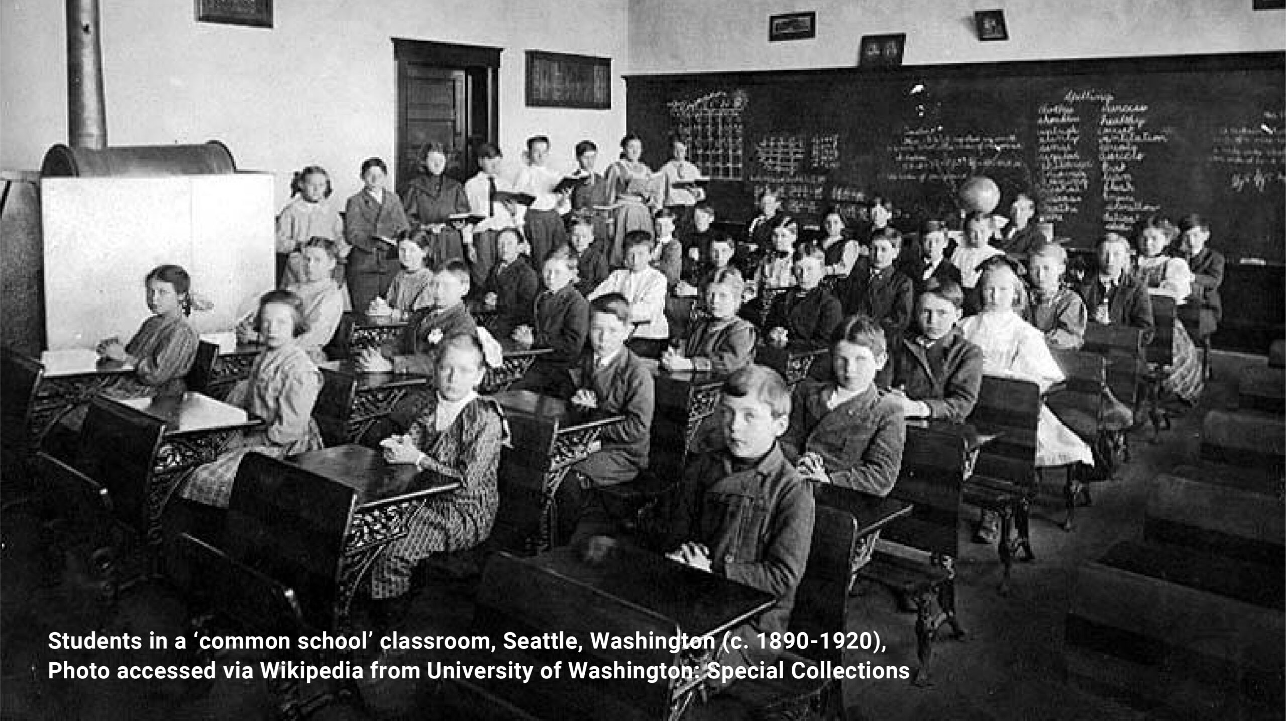 Students in a 'common school' classroom, Seattle, Washington (c. 1890-1920), Photo accessed via Wikipedia from University of Washington: Special Collections
