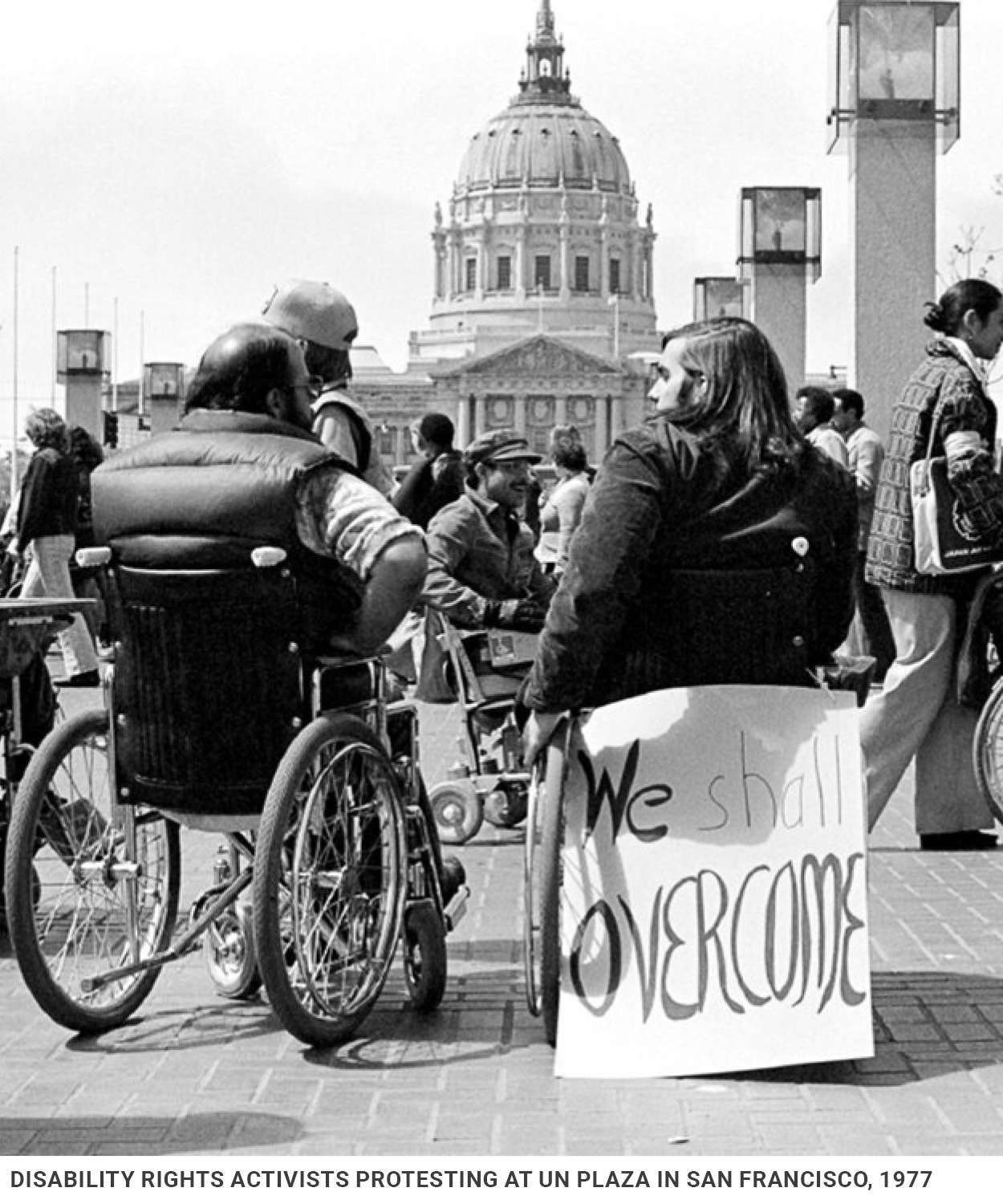 disability rights activists protesting at UN Plaza in San Francisco, 1977