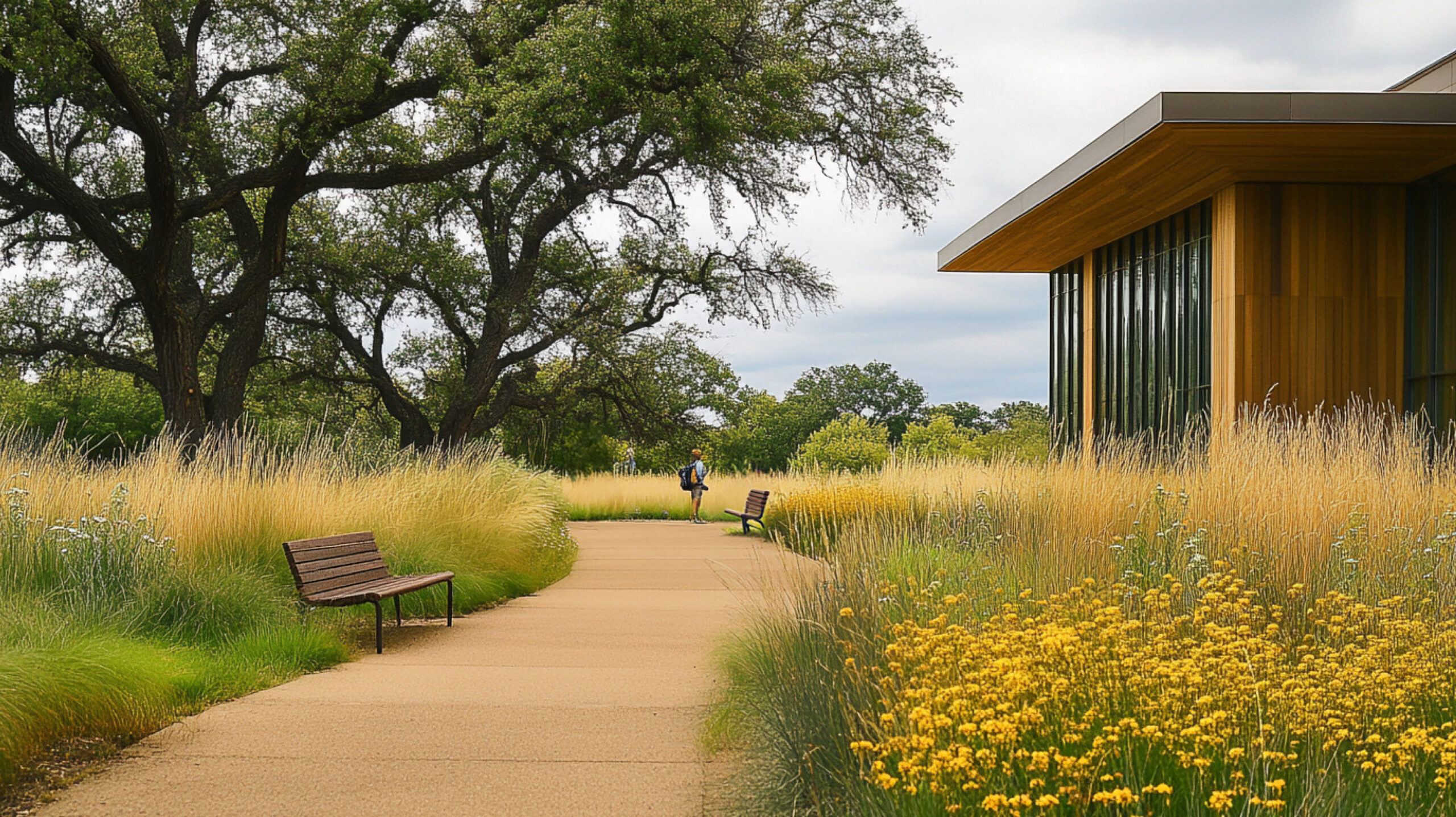 A generated rendering showcasing the exterior of a main building and outdoor pathway and landscape.