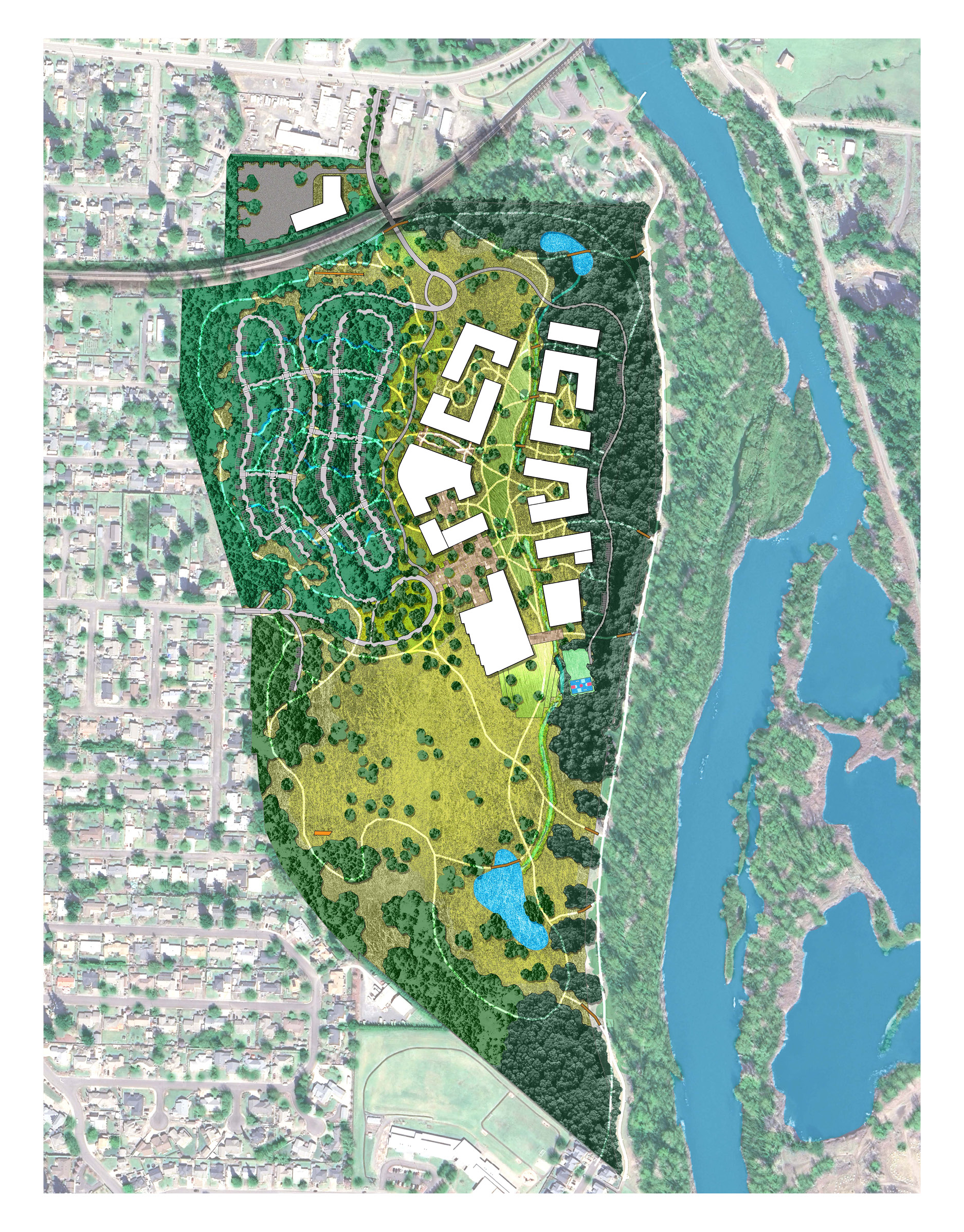 An aerial perspective of the Oregon Campus planning with buildings and landscape in site context.