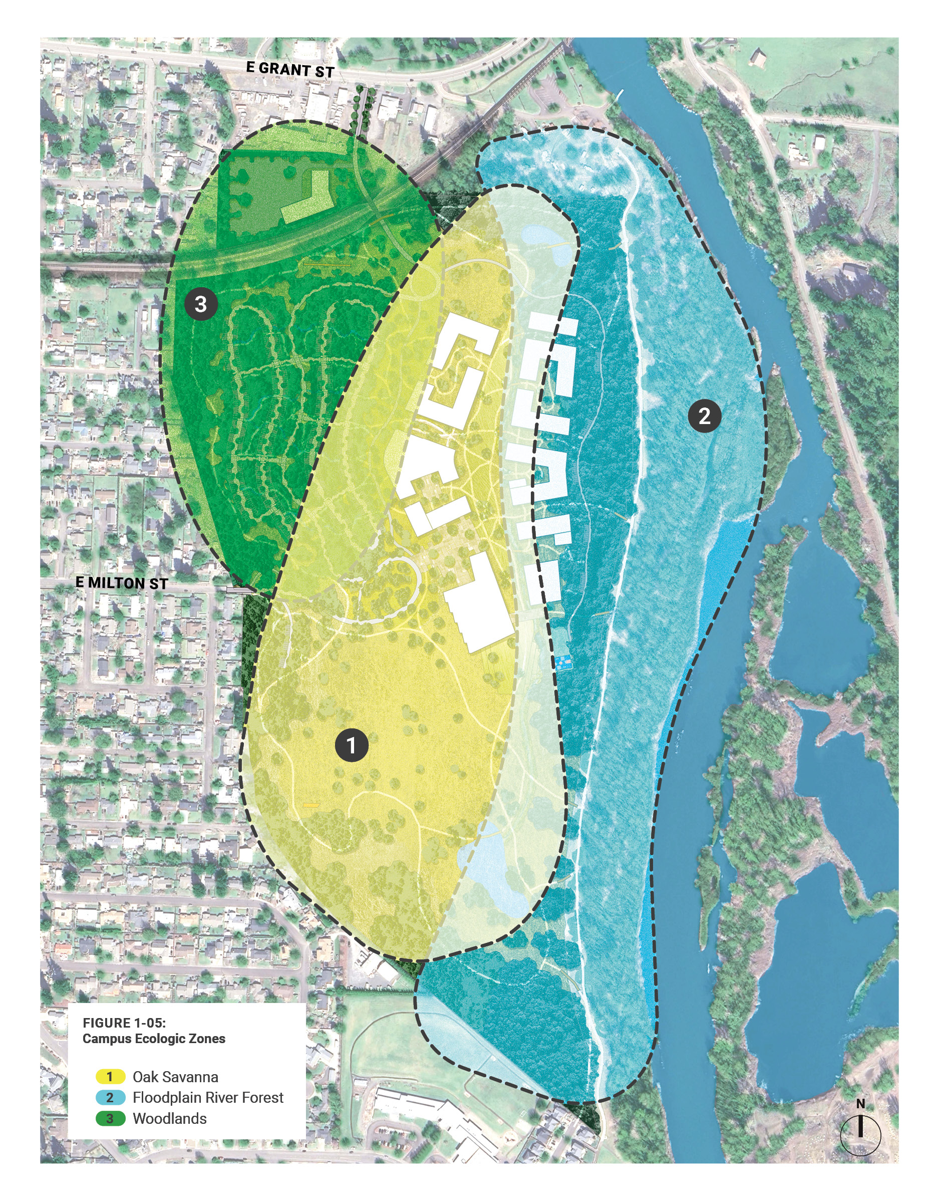 An aerial perspective of the Oregon Campus planning showing the three Campus Ecological Zones: Oak Savanna, Floodplain River Forests, and Woodlands areas.